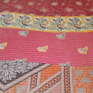 Kantha Quilt 2 Layer Birds Orange Red Yellow Green 56" x 88" THIN Cotton K91.